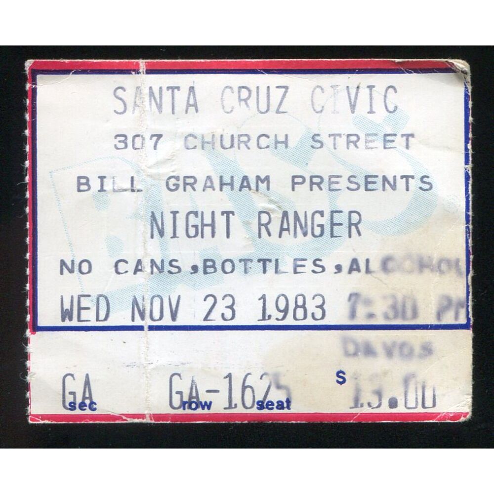 Vintage 1983 Night Ranger Med Flys Concert Ticket Stub Santa Cruz CA